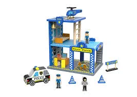 Wooden play train stations for train play​ OX POLICE STATION LARGE BUILDING SET - Plan Toys