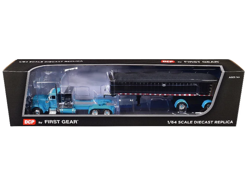 Garden shed model toys for outdoor - play setups​ Peterbilt 379 with 60" Vintage Sleeper and MAC Coal End Dump Trailer Cyan Blue and Chrome 1/64 Diecast Model by DCP/First Gear