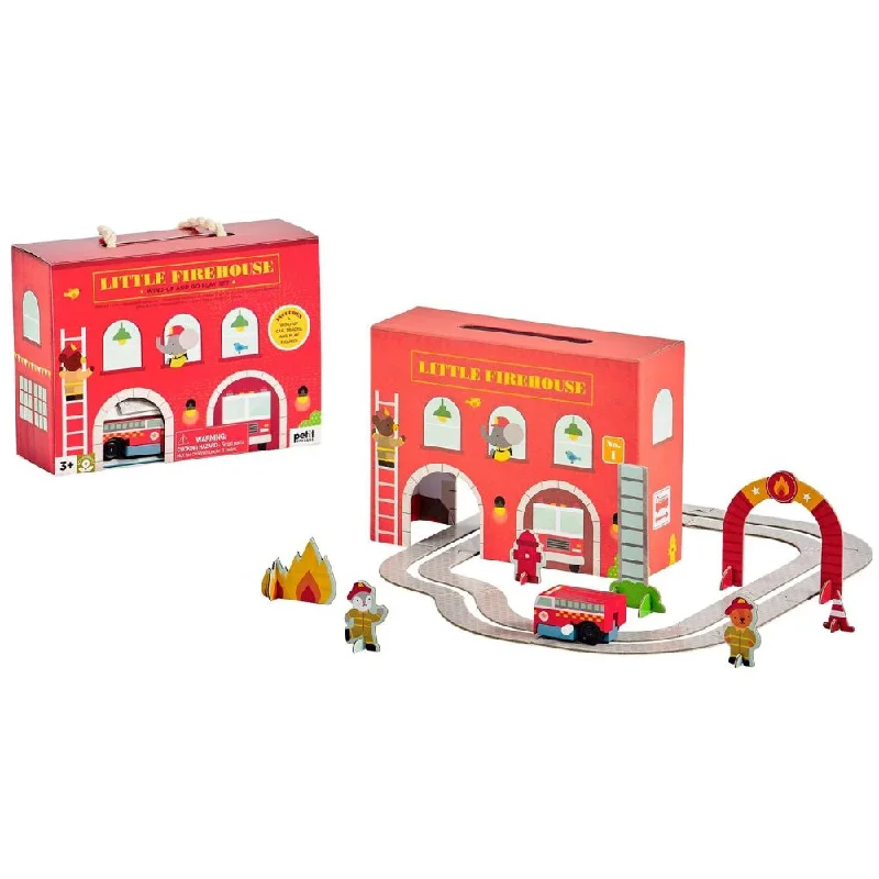 Wooden dollhouses with detailed furniture​ Petit Collage Firehouse Wind Up and Go Playset Red