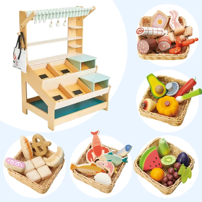 Wooden telescopes for stargazing play​ Play Food Store Market 6 Piece Bundle