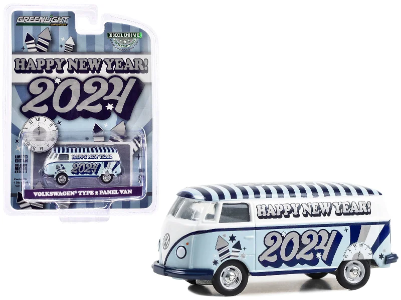 Post office model toys for mail - delivery role - play​ Volkswagen Type 2 Panel Van "Happy New Year 2024" Light Blue and White with Striped Top "Hobby Exclusive" Series 1/64 Diecast Model Car by Greenlight