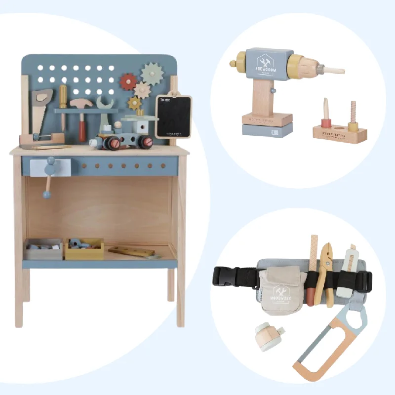 Wooden board games for family entertainment​ Wooden Workbench, Drill and Toolbelt DIY Tool Bundle