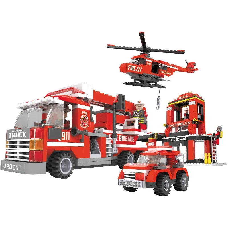 Wooden pull - along toys for active toddlers​ XL FIRE SET WITH FIRE ENGINE & HELICOPTER - Plan Toys