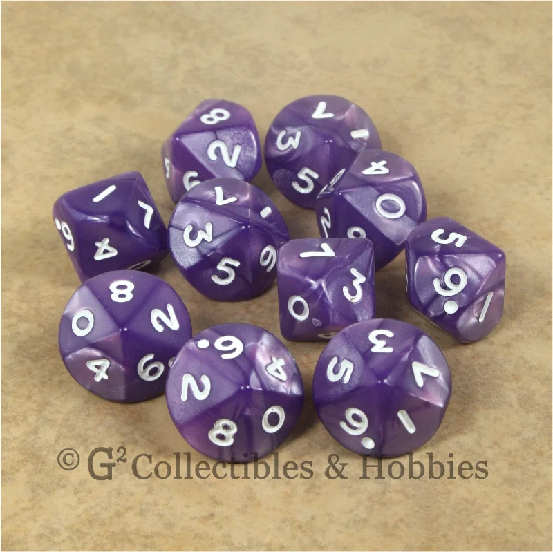Plush toys for writers with pen or book - shaped accessories​ D10 Pearlized Purple with White Numbers 10pc Dice Set