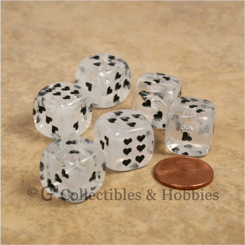 Miniature plush toys for keychain attachments​ D6 16mm Cirrus Swirl with Heart Pips 6pc Dice Set - Clear