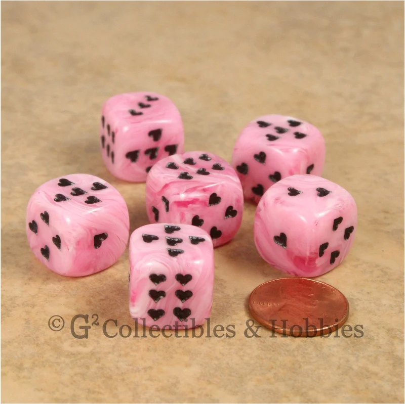 Travel - friendly plush toys that are compact and lightweight​ D6 16mm Cirrus Swirl with Heart Pips 6pc Dice Set - Pink