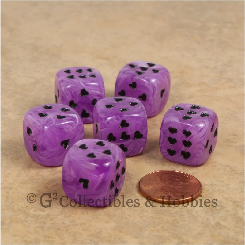 Farm animal plush toys for rural - themed nurseries​ D6 16mm Cirrus Swirl with Heart Pips 6pc Dice Set - Purple
