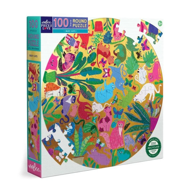 Puzzle events for community gatherings​ Eeboo 100PC Round Puzzle - Busy Cats