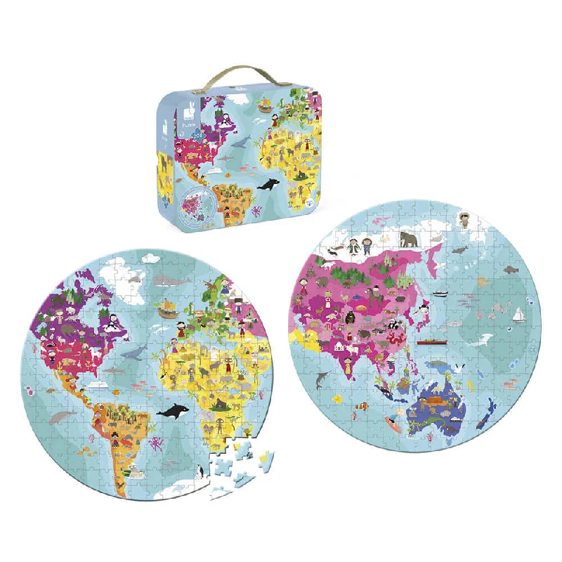 Puzzle challenges with time - limits for competitive play​ Janod Double Sided World Round Puzzle