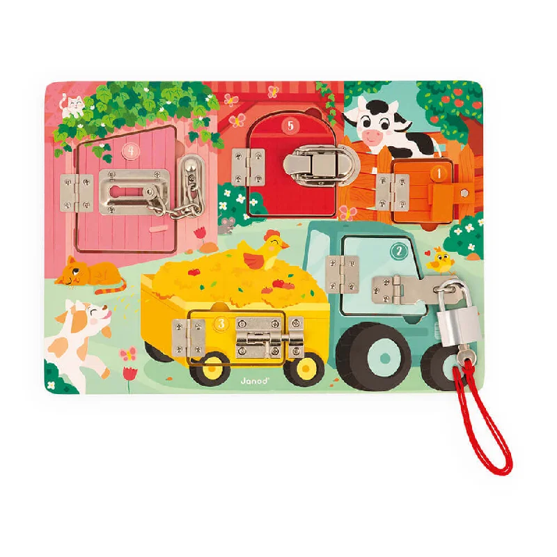 Puzzle - based escape - the - room party kits for home parties​ Janod Farm Padlocks Board