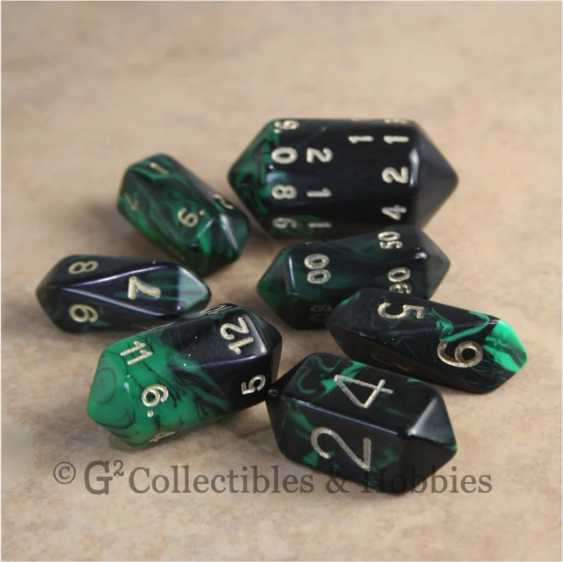Plush toys for fashionistas in trendy outfits​ RPG Dice Set Crystal Oblivion Black / Green with Gold 7pc
